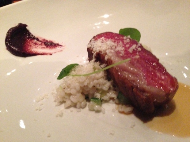 Lamb Loin, Hibiscus-Date, Barley, Aged Goat Cheese